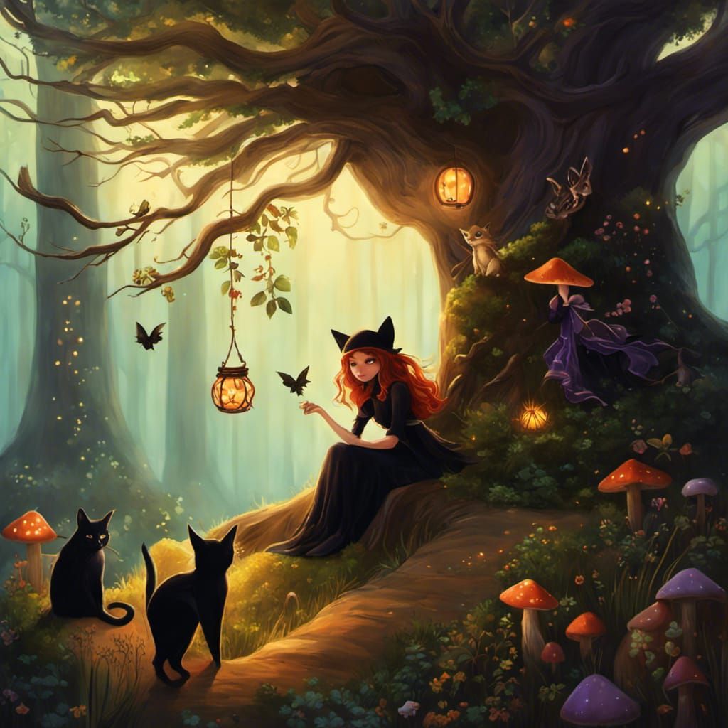 Magical Forest Scene with Witch, Cat and Animals