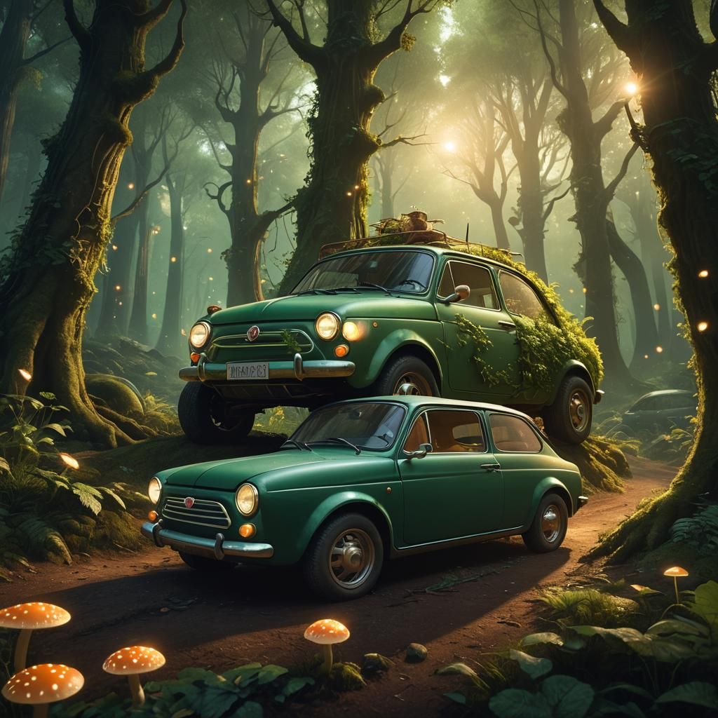 Green Fiat in Mystical Forest: Matte Painting