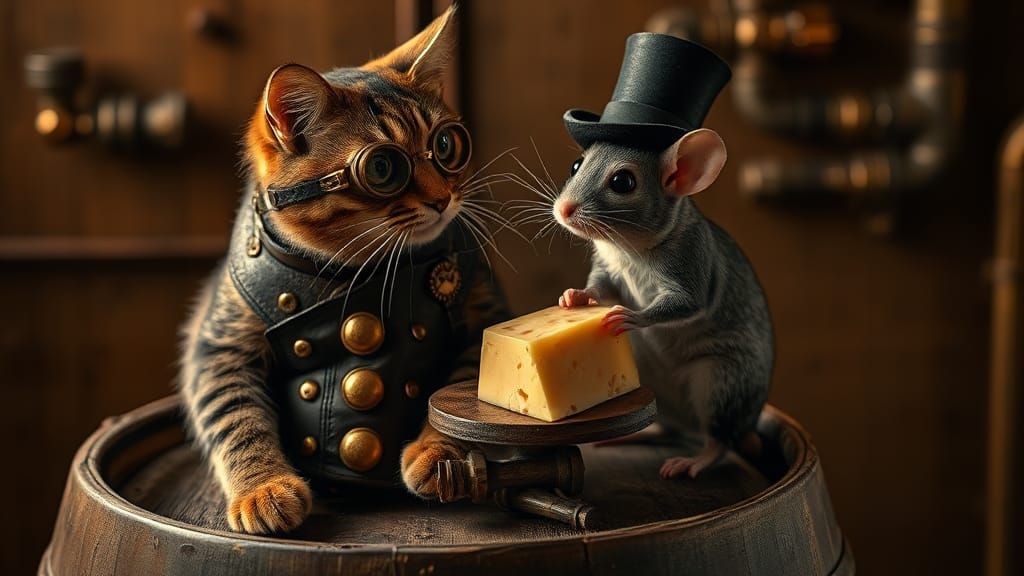 Steampunk Cat and Mouse on Wine Barrel