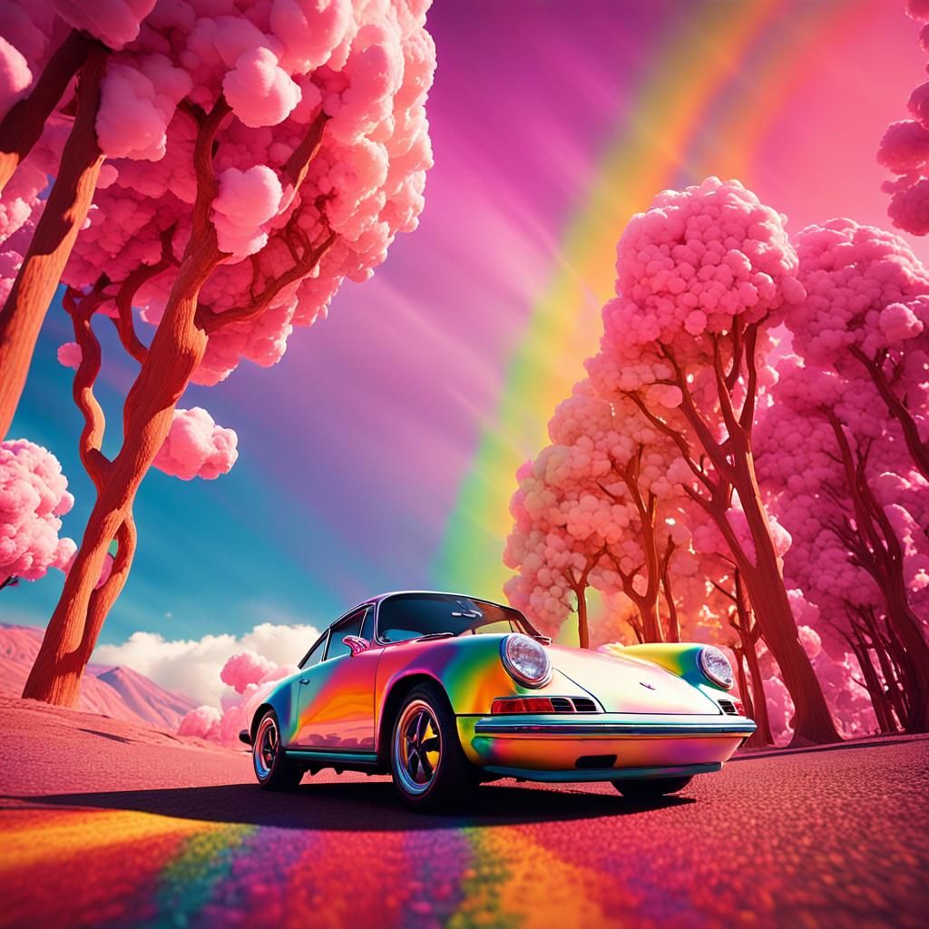 Rainbow Porsche Speeds Through Candy Dreamscape