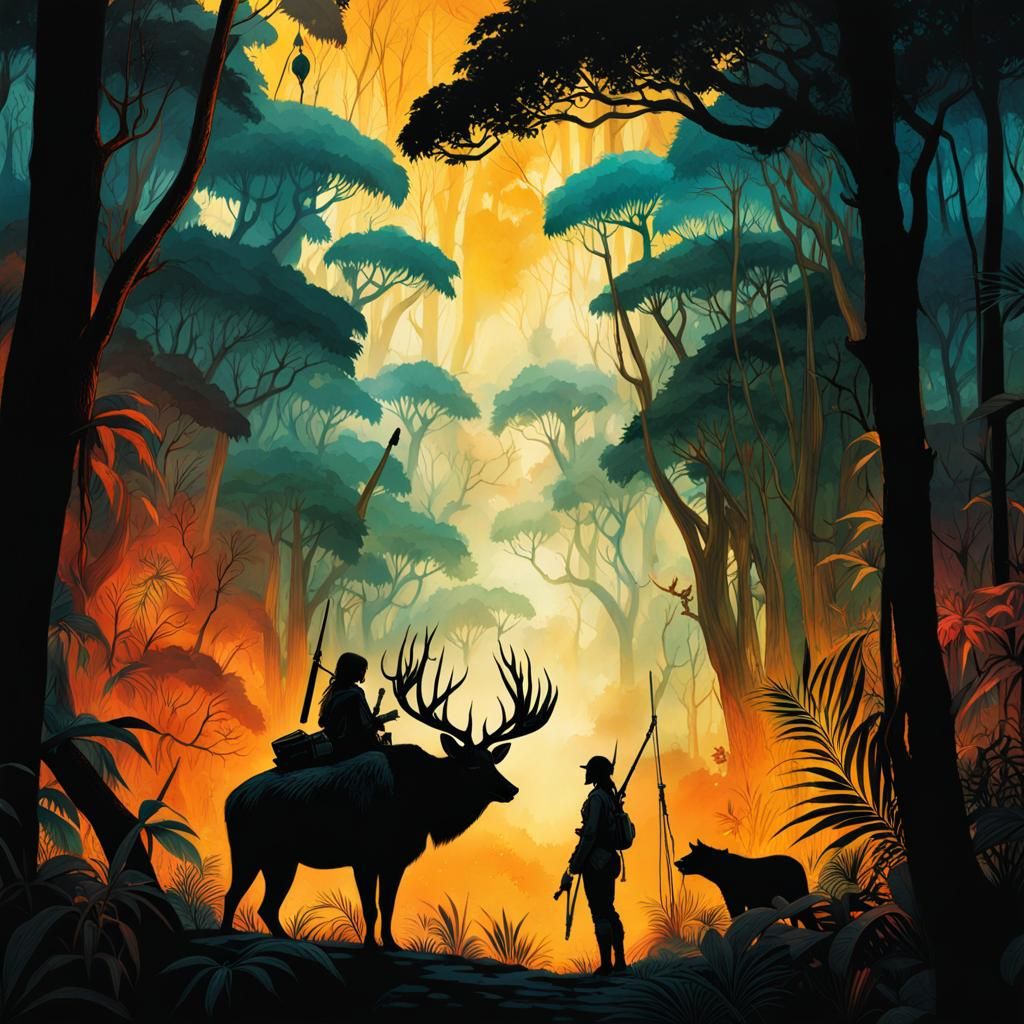 African Jungle Hunting Guide in Watercolor Style