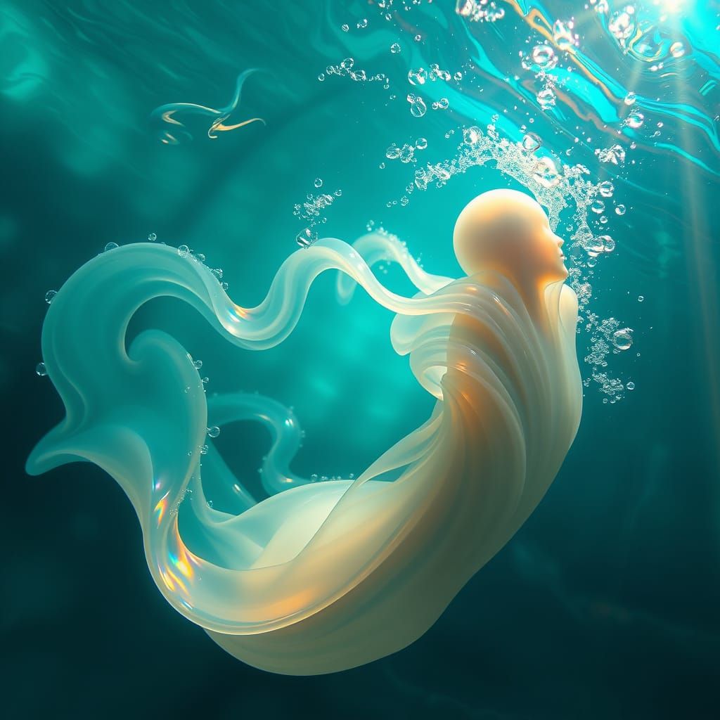 Gelatinous Humanoid Twisting Through Turquoise Waters