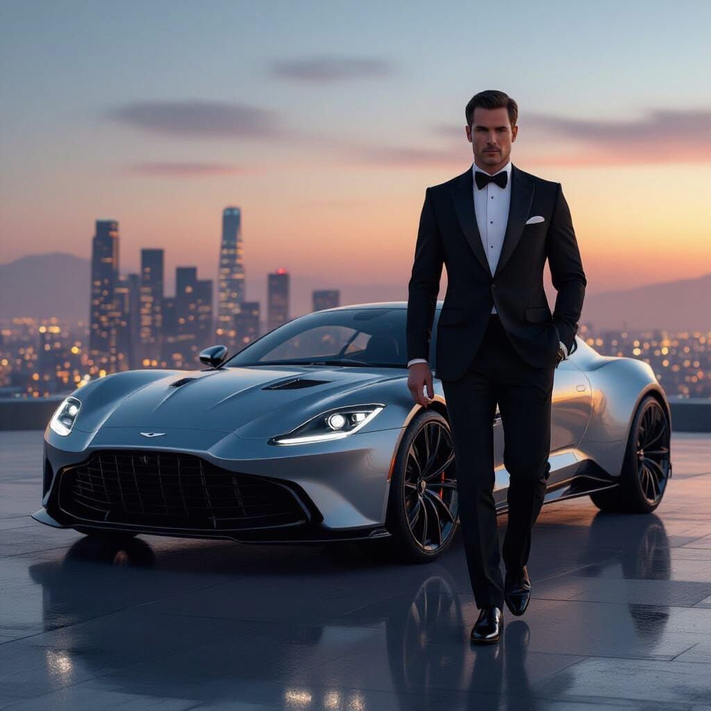 Man in Tuxedo Stepping out of Aston Martin, Futuristic Style