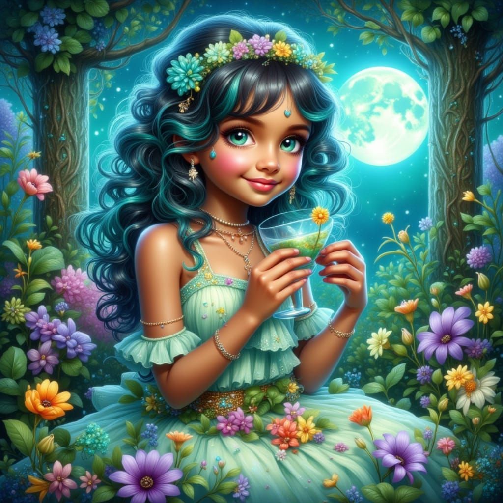 Young Girl in Moonlit Garden with Teal Hair