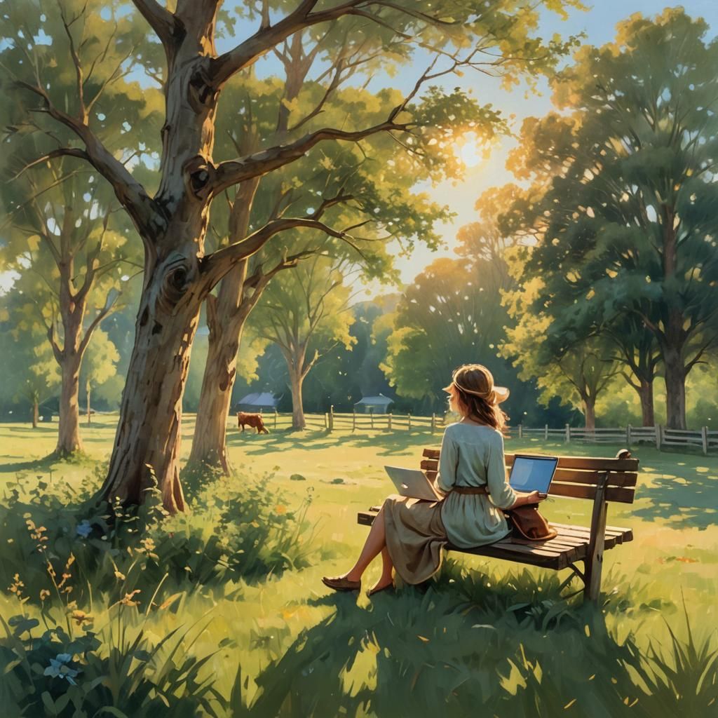 Rustic Impressionism: Woman in Meadow, Golden Light