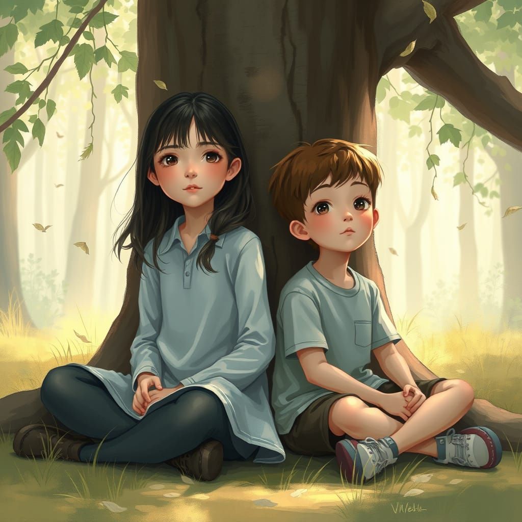 Semi-Realistic Forest Scene with Teenagers in Soft Light