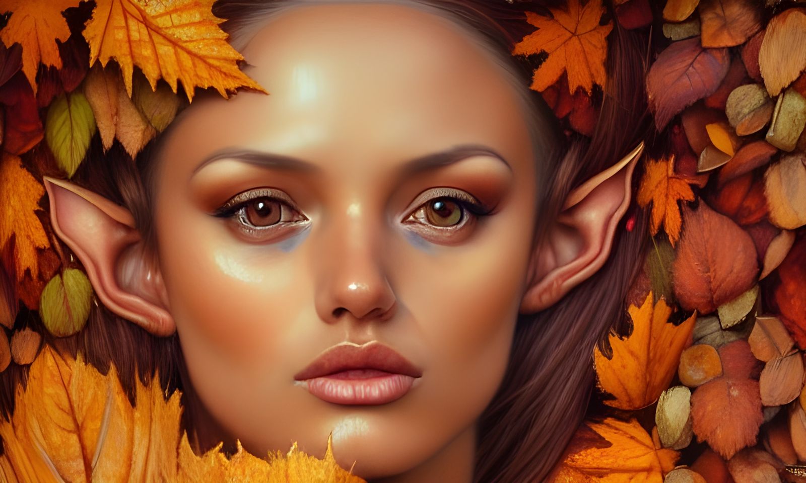 Hyperrealistic Elf Woman in Autumn Leaves