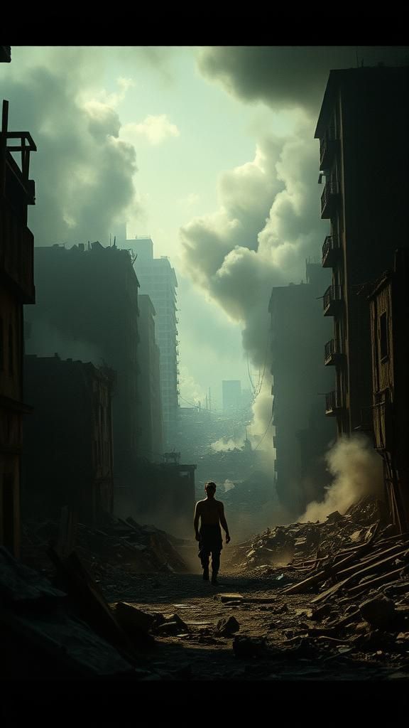 War-Ravaged Cityscape in Cinematic Film Style