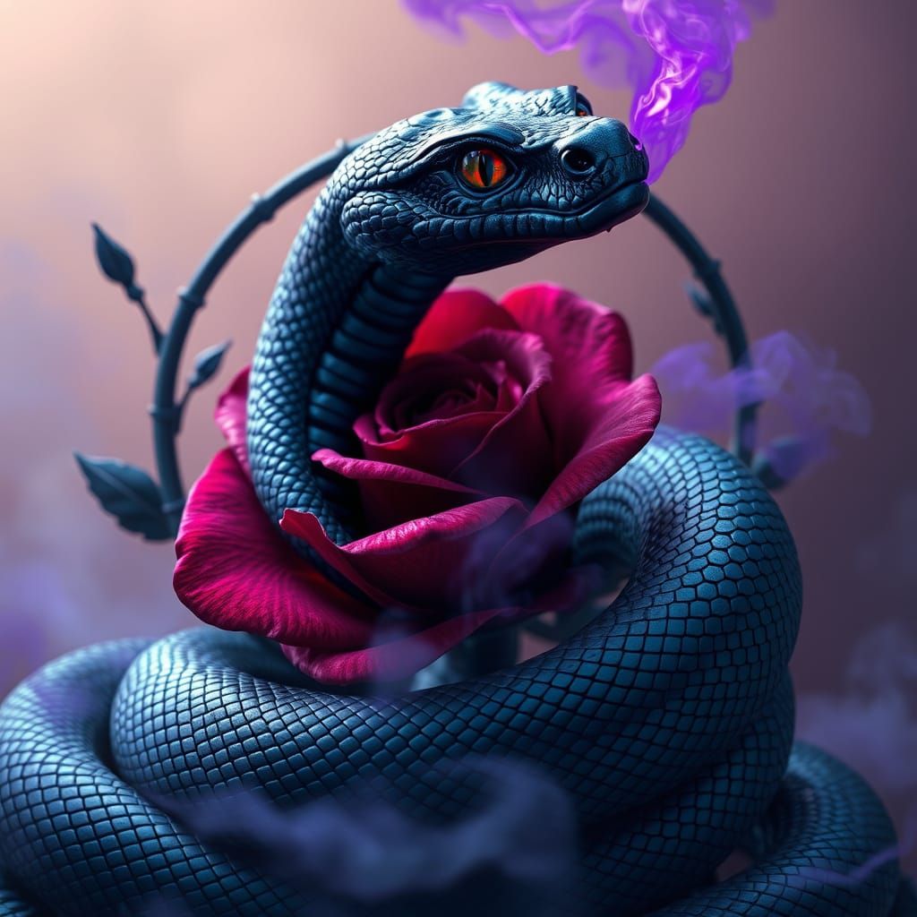 Serpent Noir Égyptien en Rose, aux Yeux de Chat Rouge, avec ...