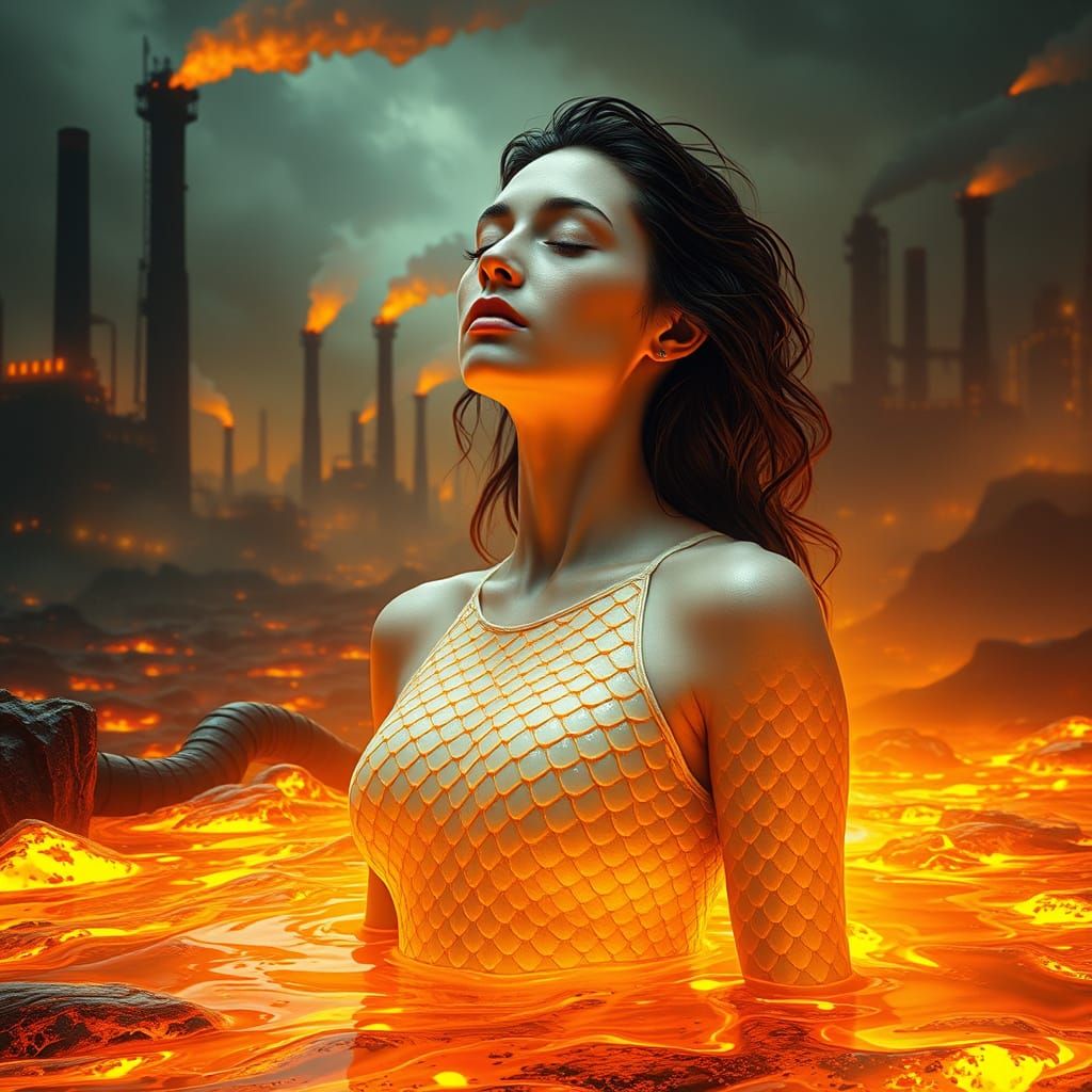 Serene Goddess in Lava Baptism, Cyberpunk Industrial Backdro...