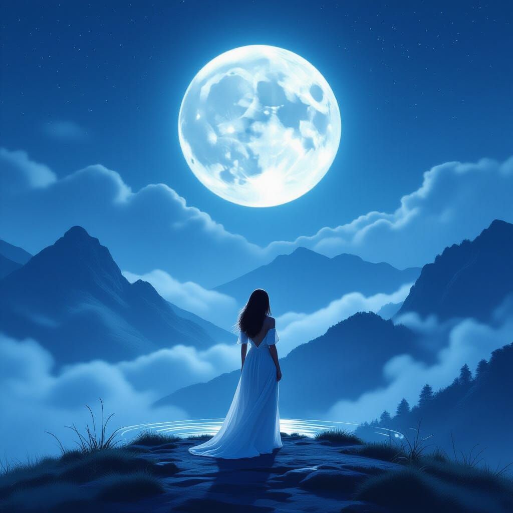 Woman Bathing in Moonlight: Dreamy Digital Illustration