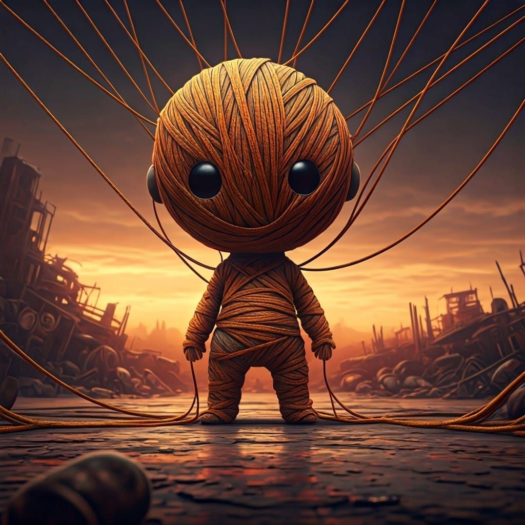 Whimsical String Puppet in Apocalyptic Junkyard: Digital Art