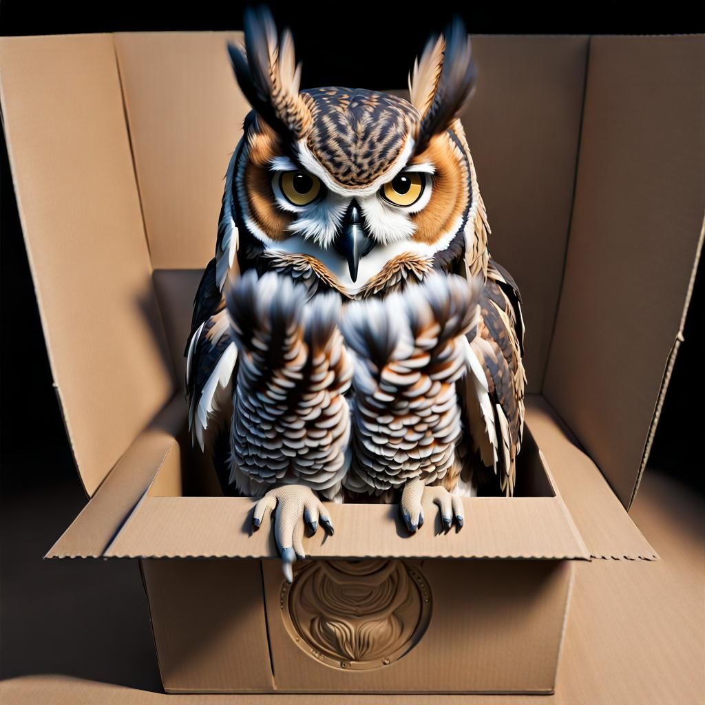 Great Horned Owl in a Cardboard Box
