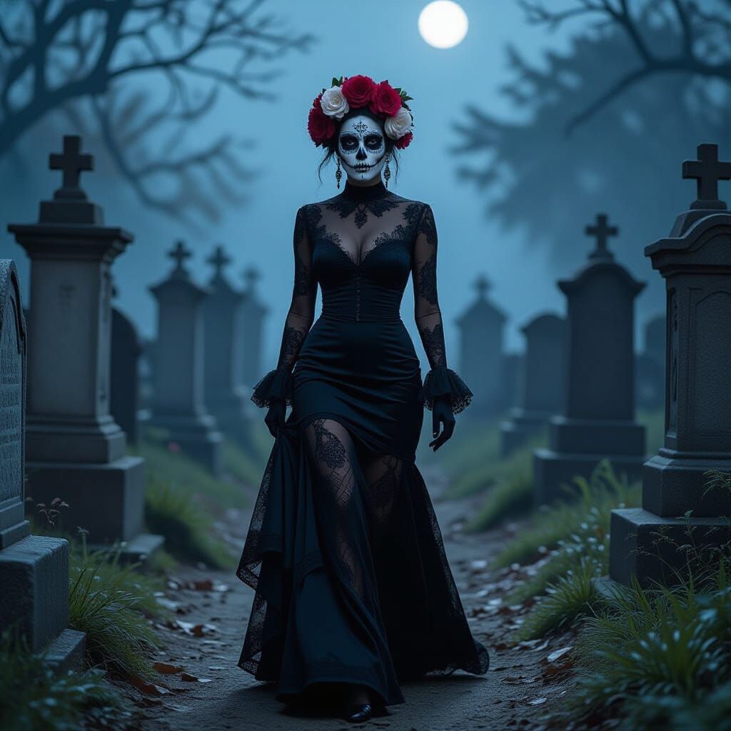 La Catrina in Cemetery at Night, Photorealistic Style