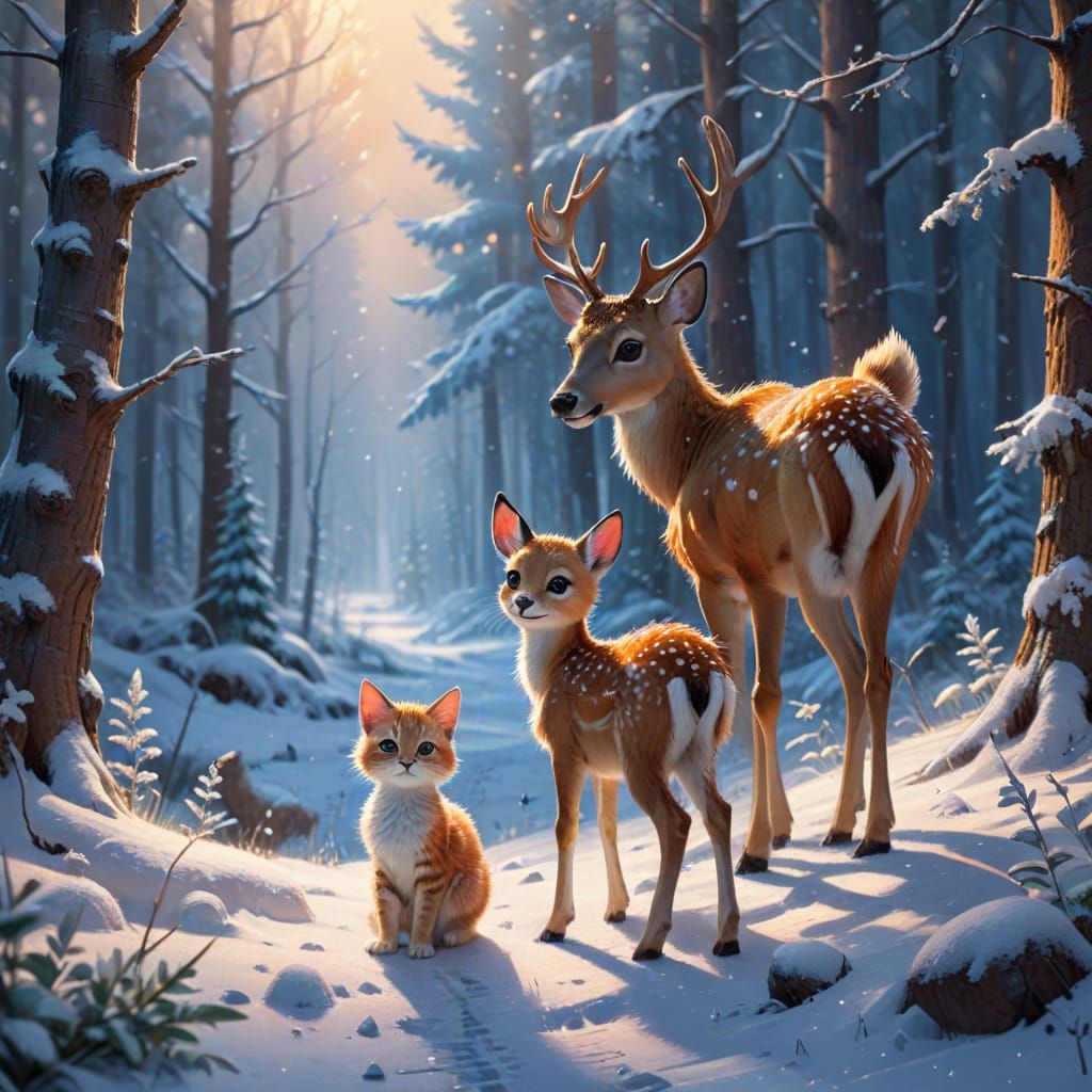 Tiny Deer and Little Cat Friends in Winter Wonderland