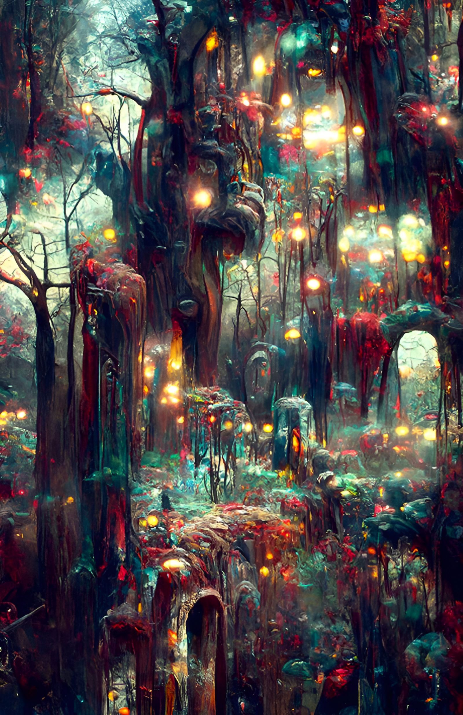 Dark Forest with Colorful Light in Digital Painting Style