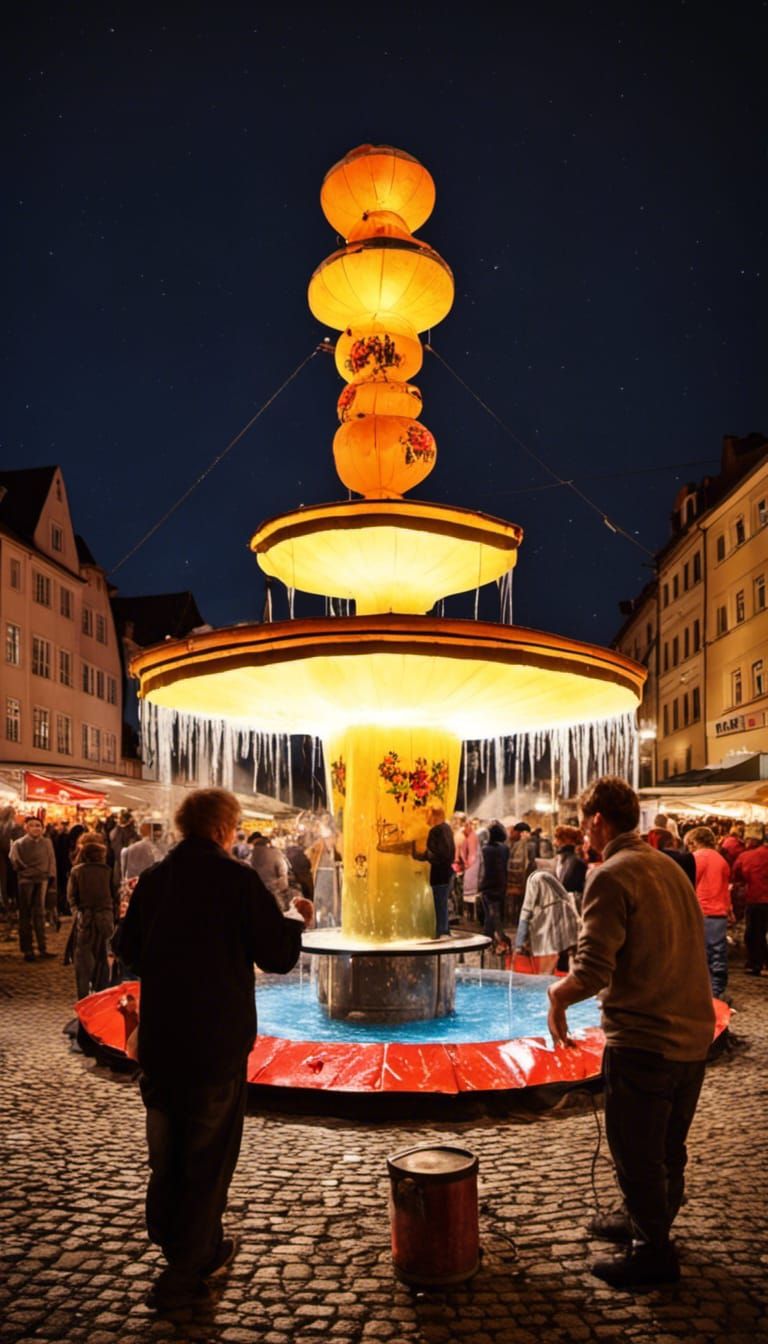 Festive Beer Party with Flowing Beer Fountain