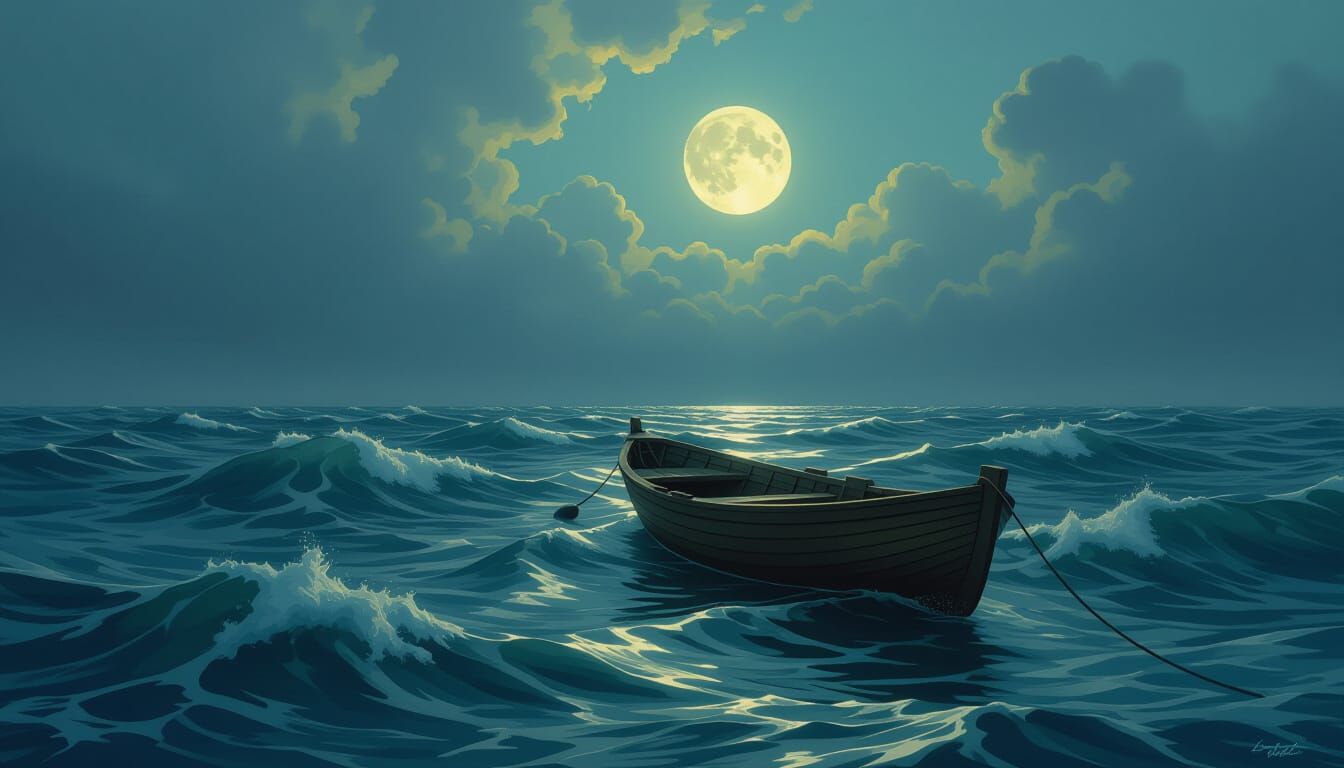 Solitary Boat on Stormy Sea Under Moonlight