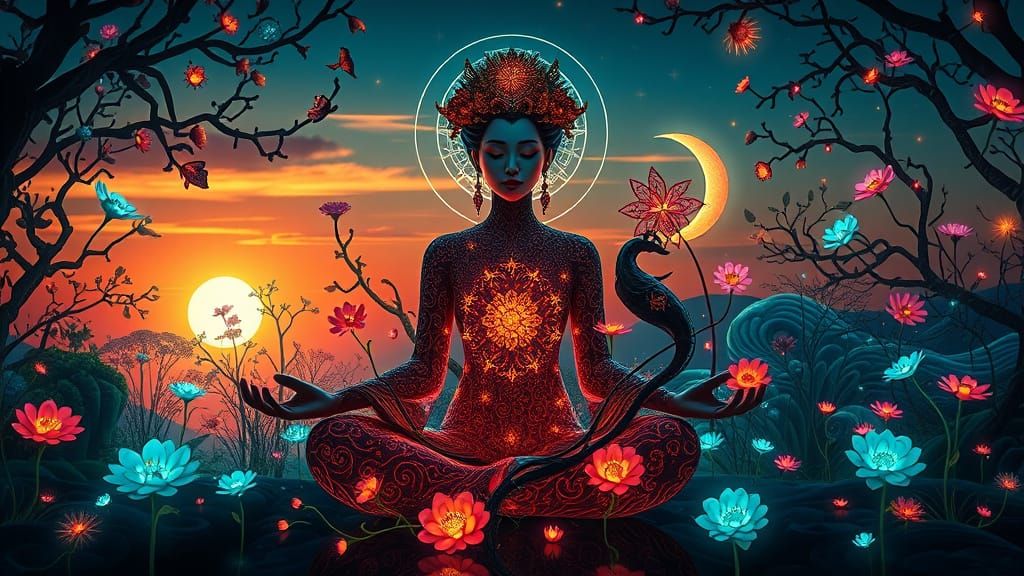 Dreamlike GEISHA Meditating in a Surrealist Labyrinth of Lig...