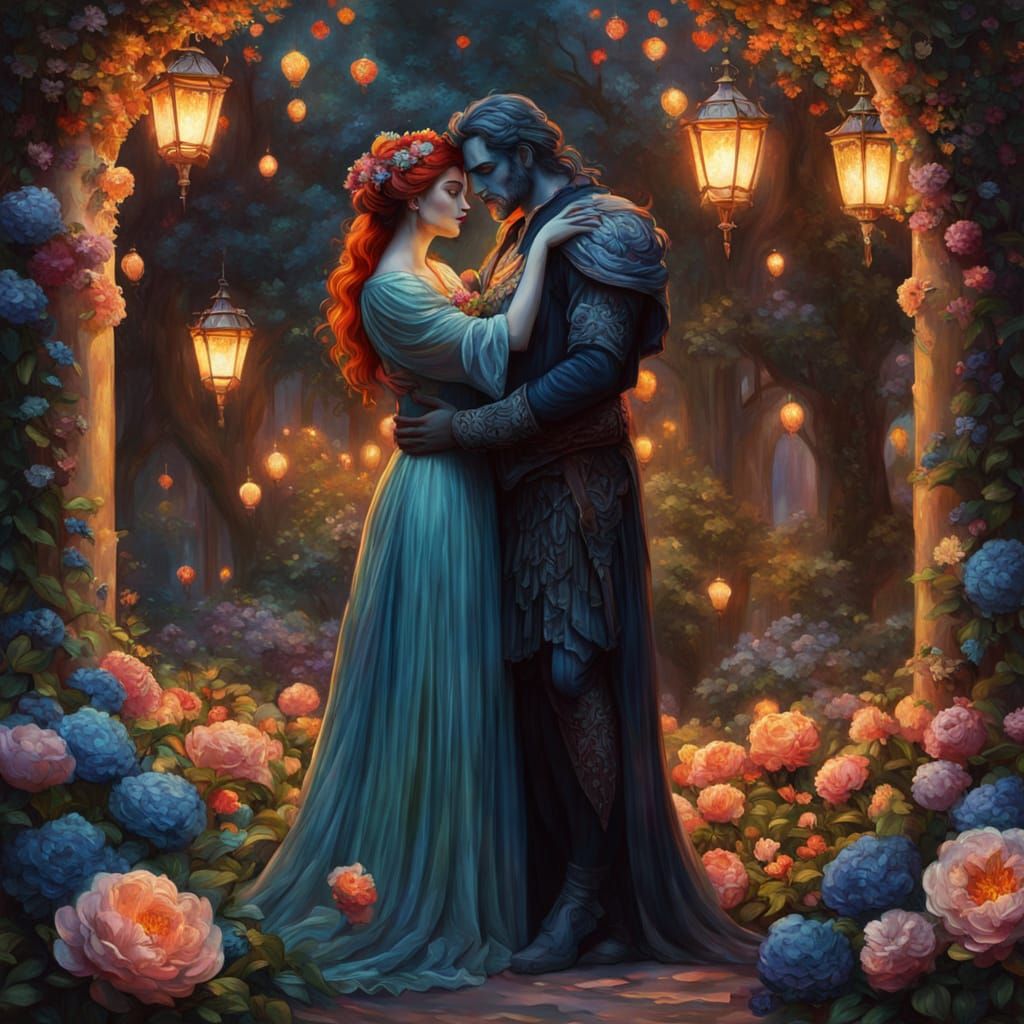 Hades and Persephone Embrace in Lush Garden