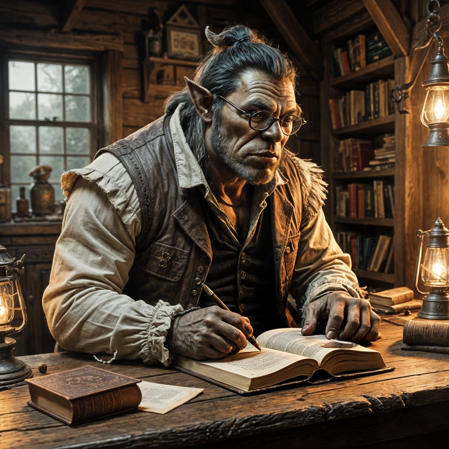 Orc Scholar Writes in Rustic Study