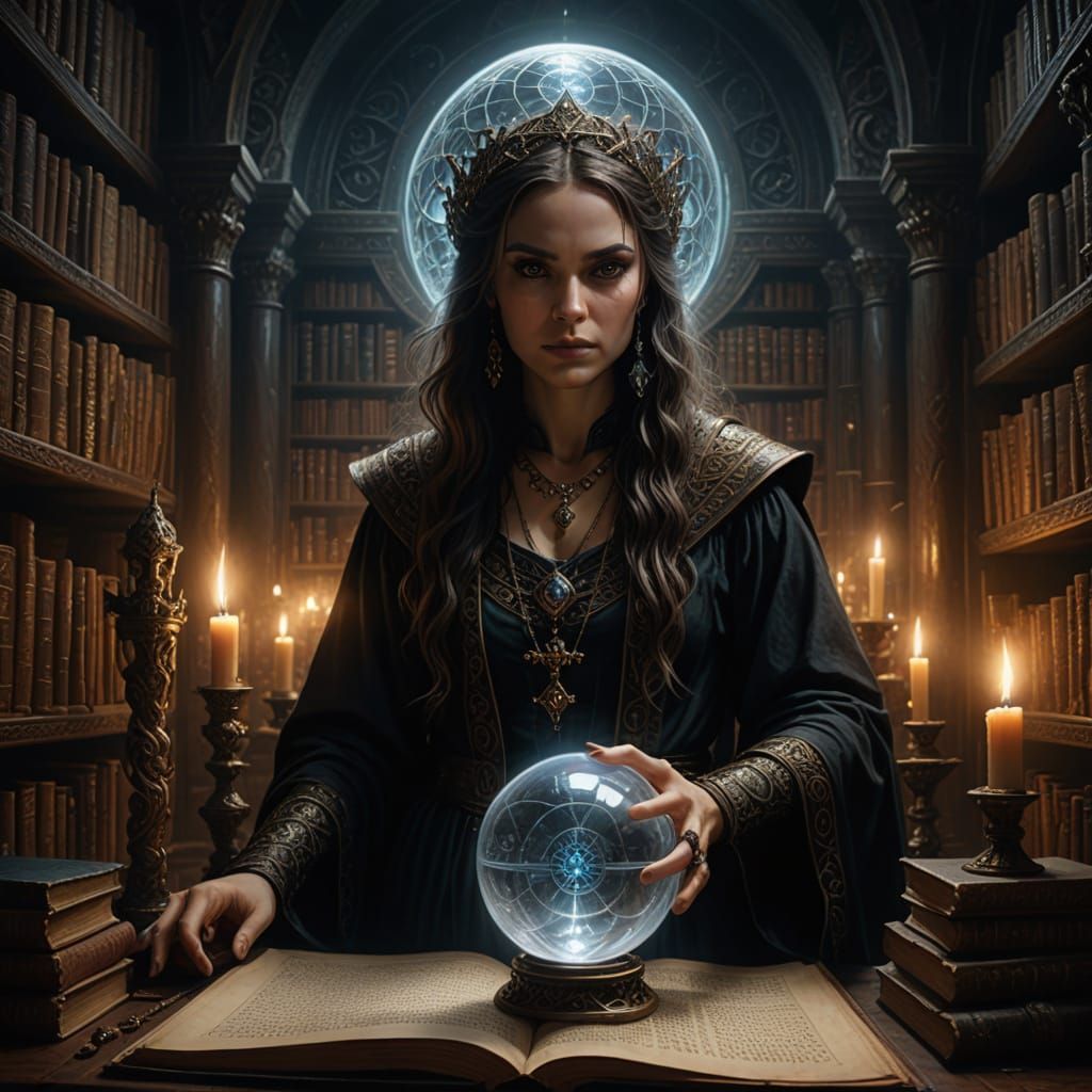 Wise Enchantress in Mystical Library with Crystal Ball