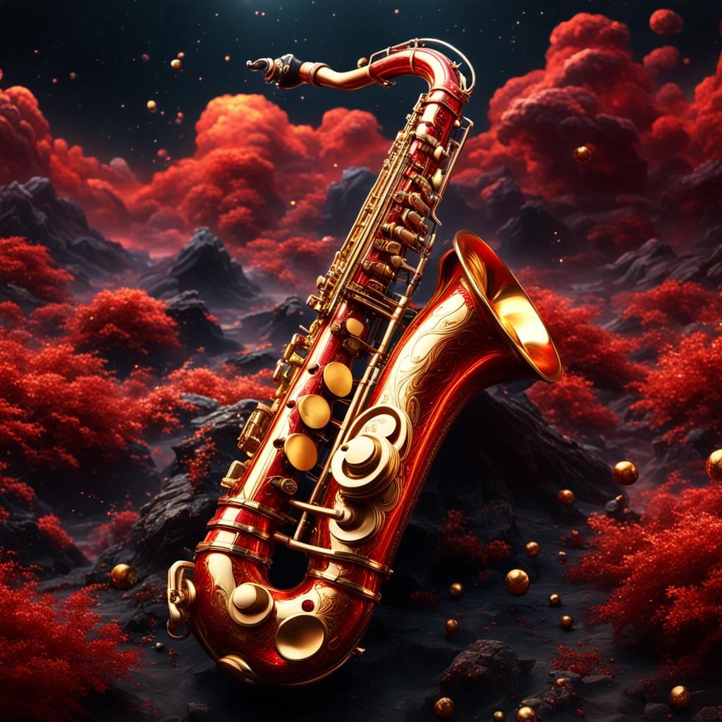 Cosmic Saxophone in Red and Gold: Detailed Art
