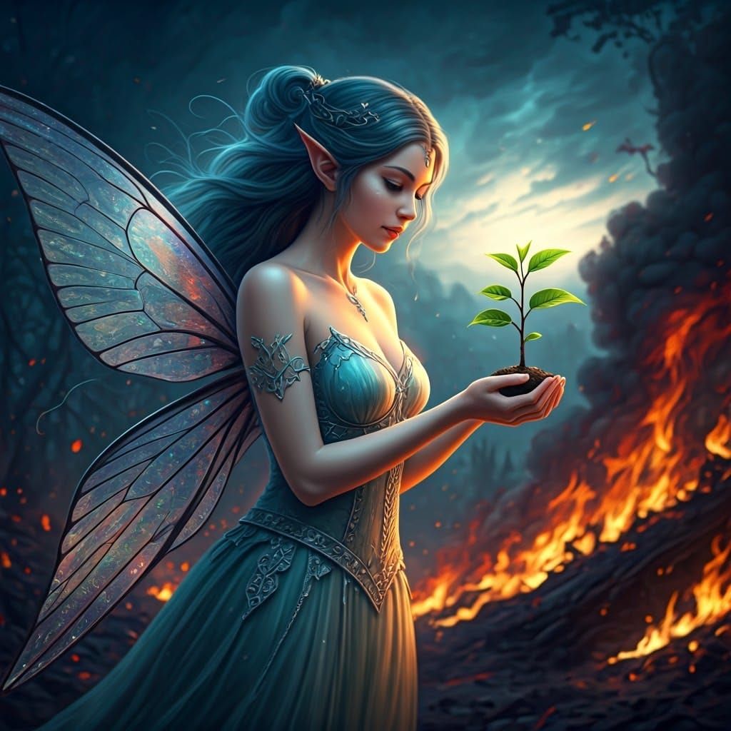 Water Fairy Shields Tree From Fire in Fantasy Art