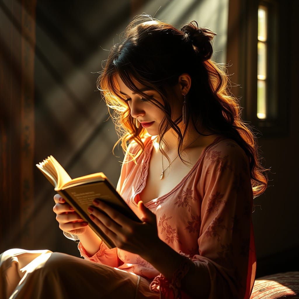 Hyperrealistic Woman in Sunbeams Reading