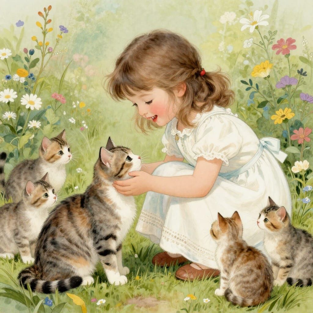 Girl and Kittens in Beatrix Potter Style Illustration