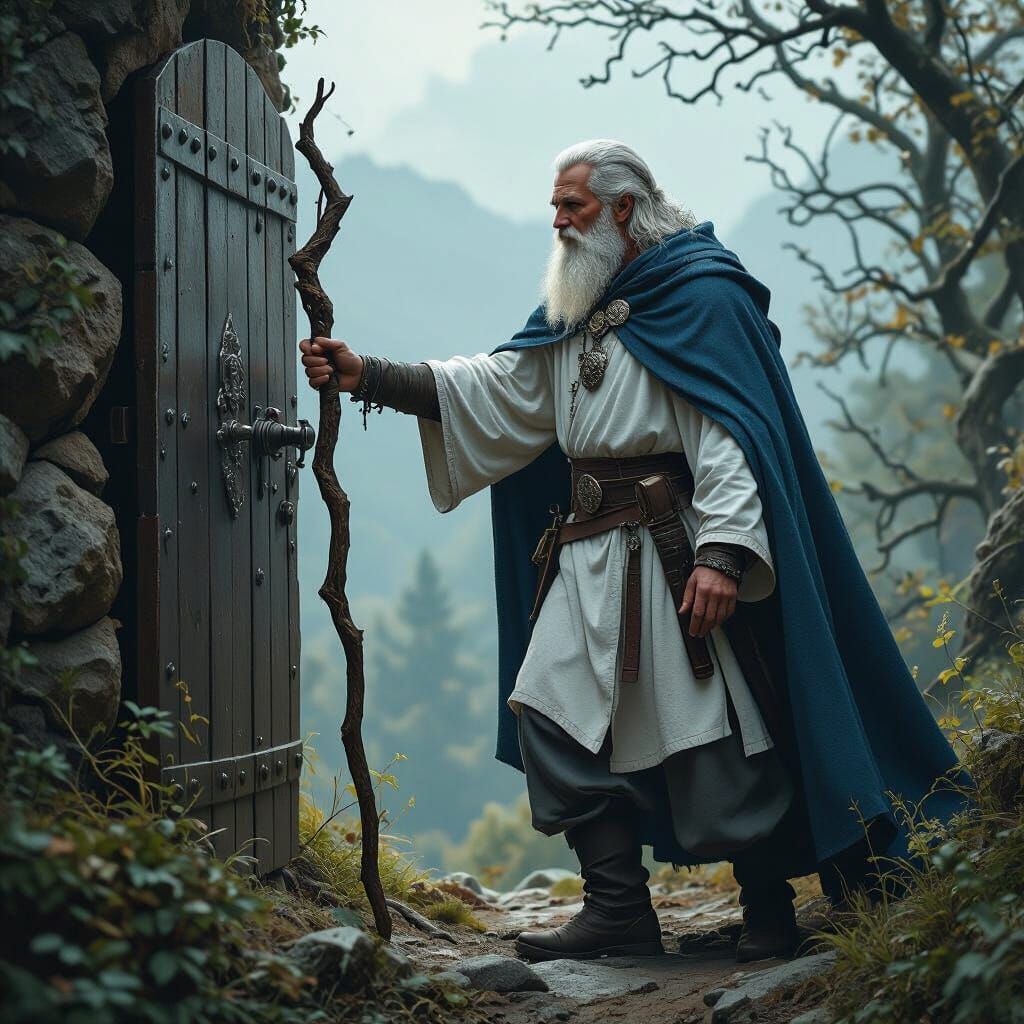 Wizard and Mysterious Door, Hyperrealistic Digital Art