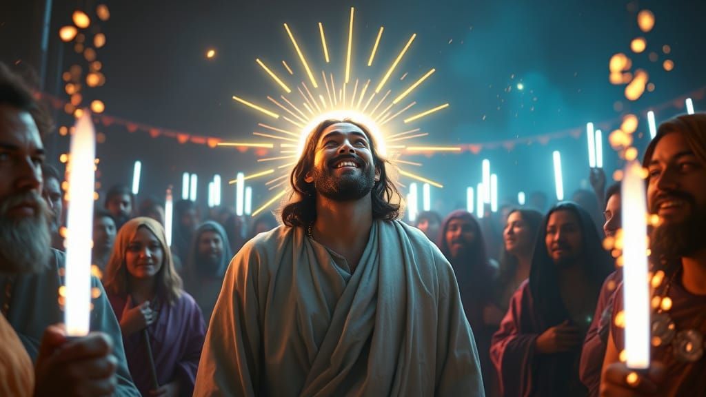 Jesus Amidst Neon Lights: A Dark Fantasy Portrait