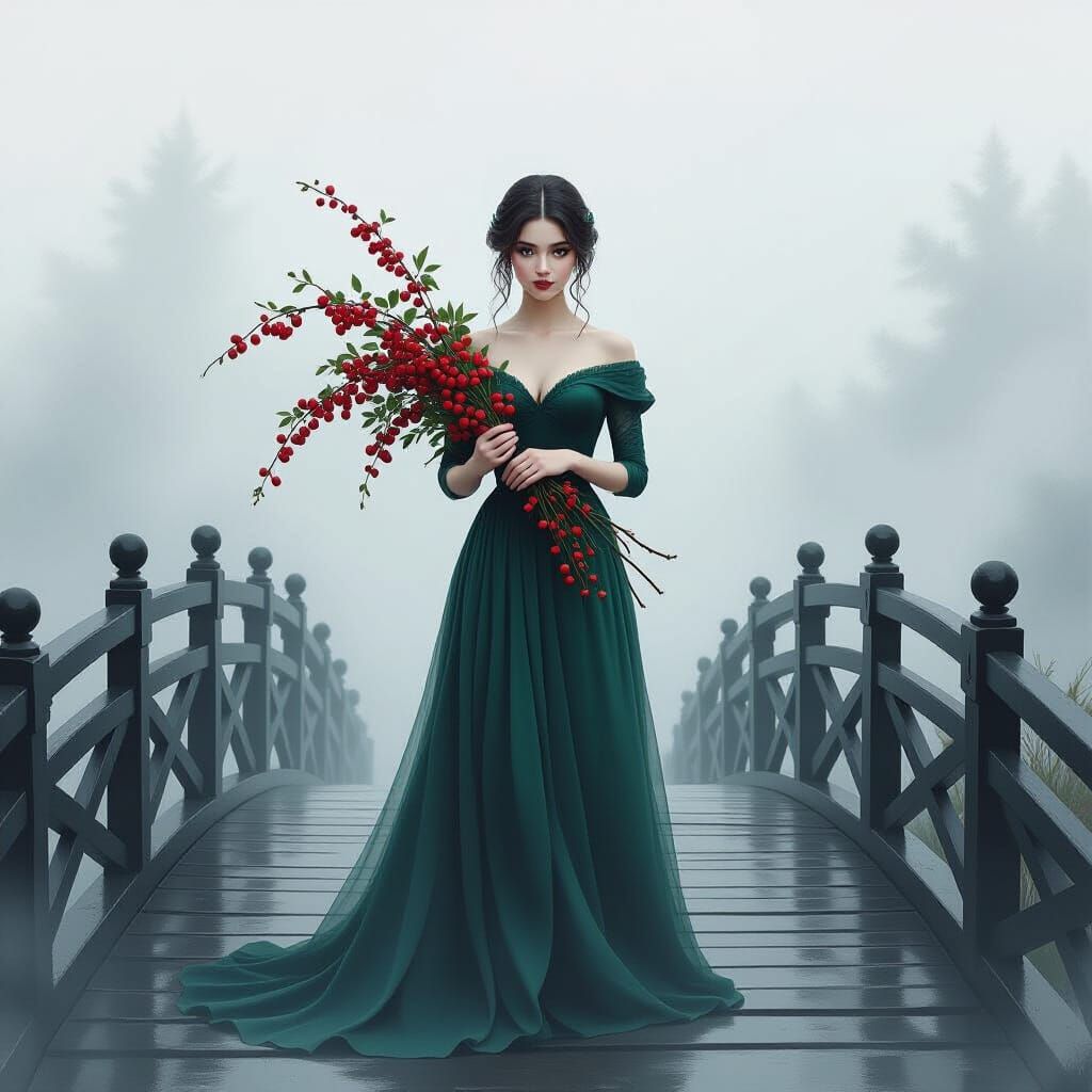 Mystical Maiden in Fog with Rowan Berries