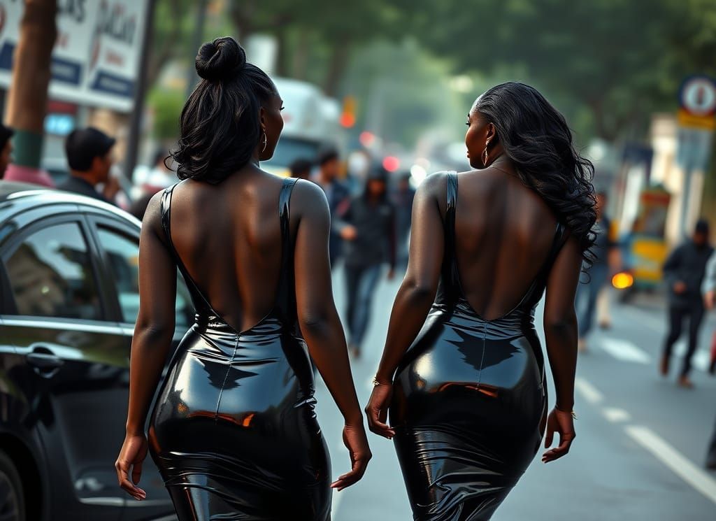 Sultry Ebony Goddesses Stroll on City Streets in Metallic La...