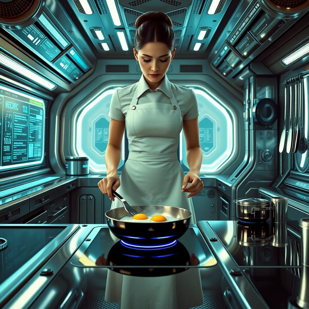 Young Tradwife in Futuristic Space Station Kitchen