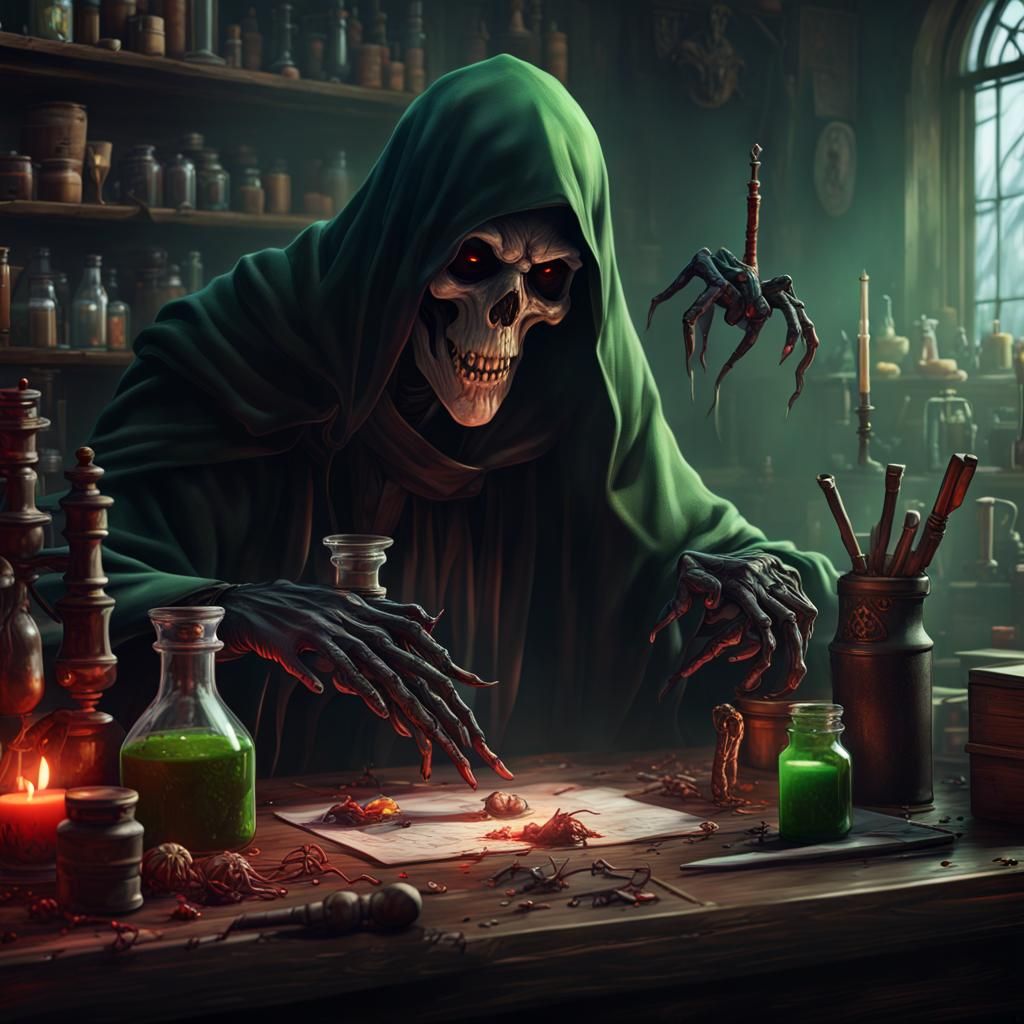 Grim Reaper's Potion Desk: Detailed Matte Painting