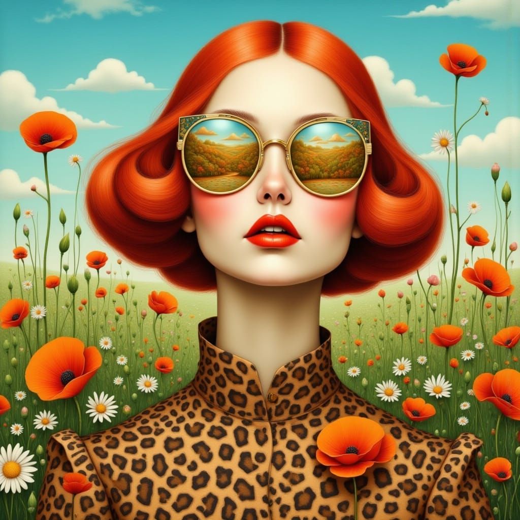 Surreal Woman with Poppy Field Reflection