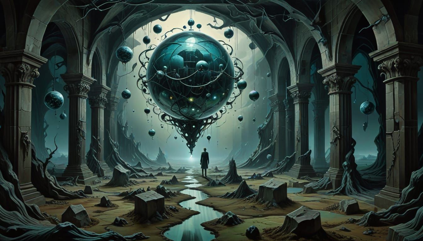 Ethereal Figure in a Twisted, Non-Euclidean Dreamscape