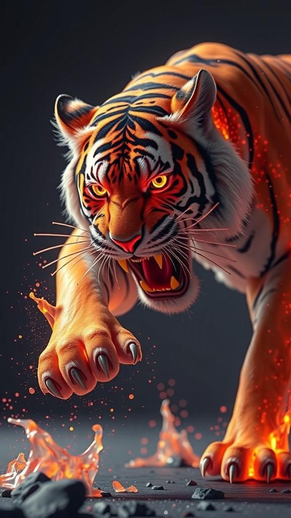 Fierce Tiger Mid-Attack in Biomechanical Neon Style