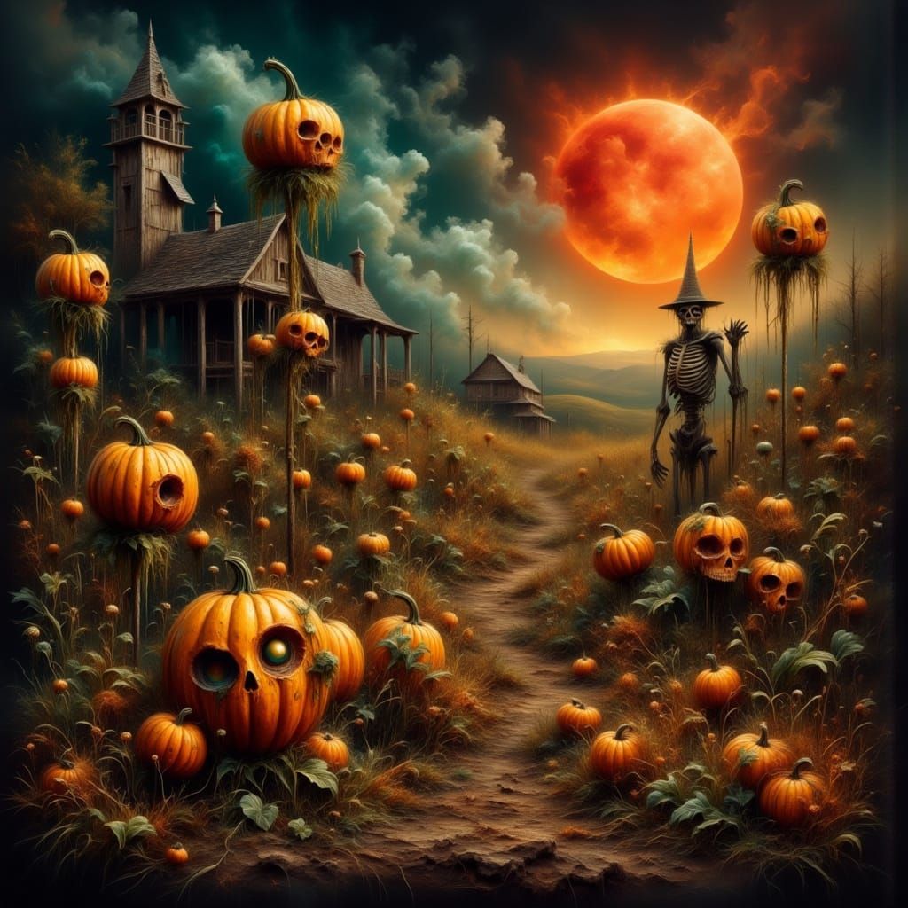 Nightmarish Pumpkin Patch Under Crimson Eclipse