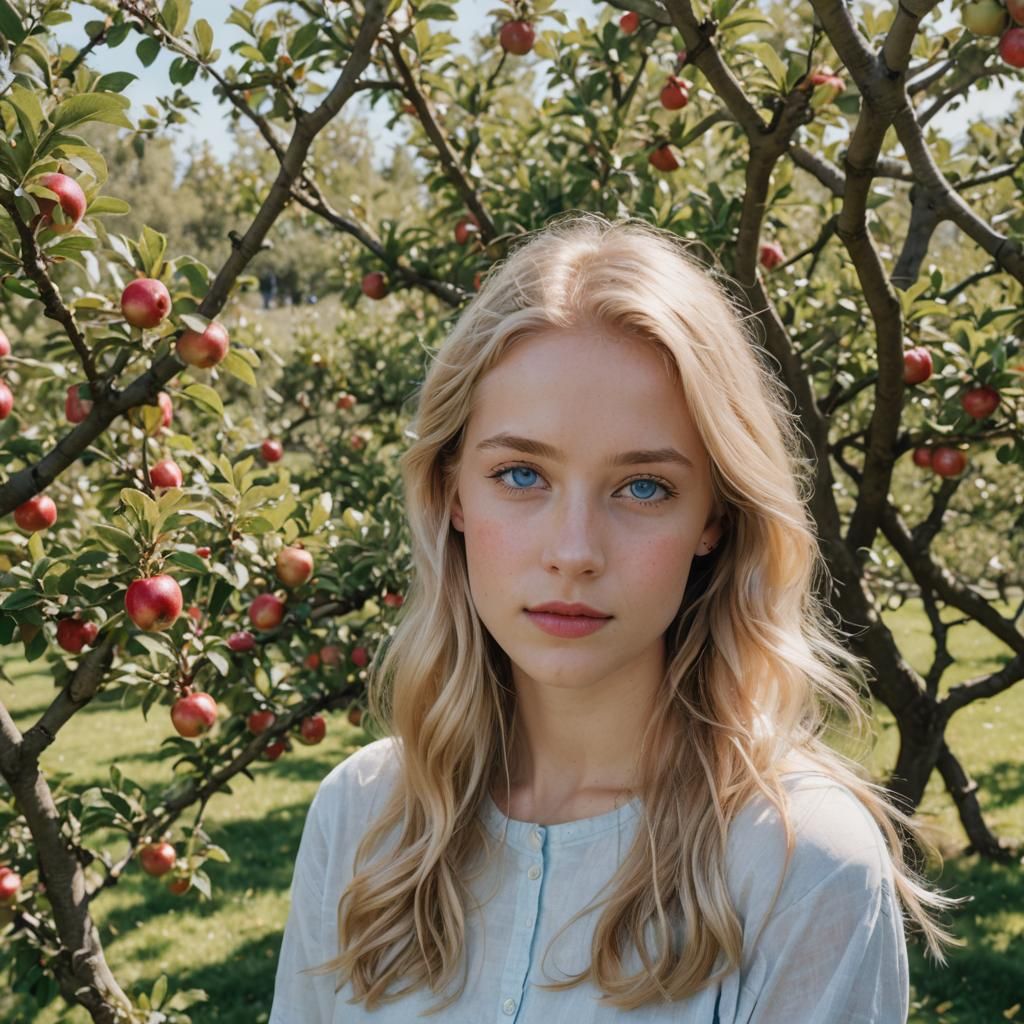 Beautiful Blonde Woman by Apple Tree