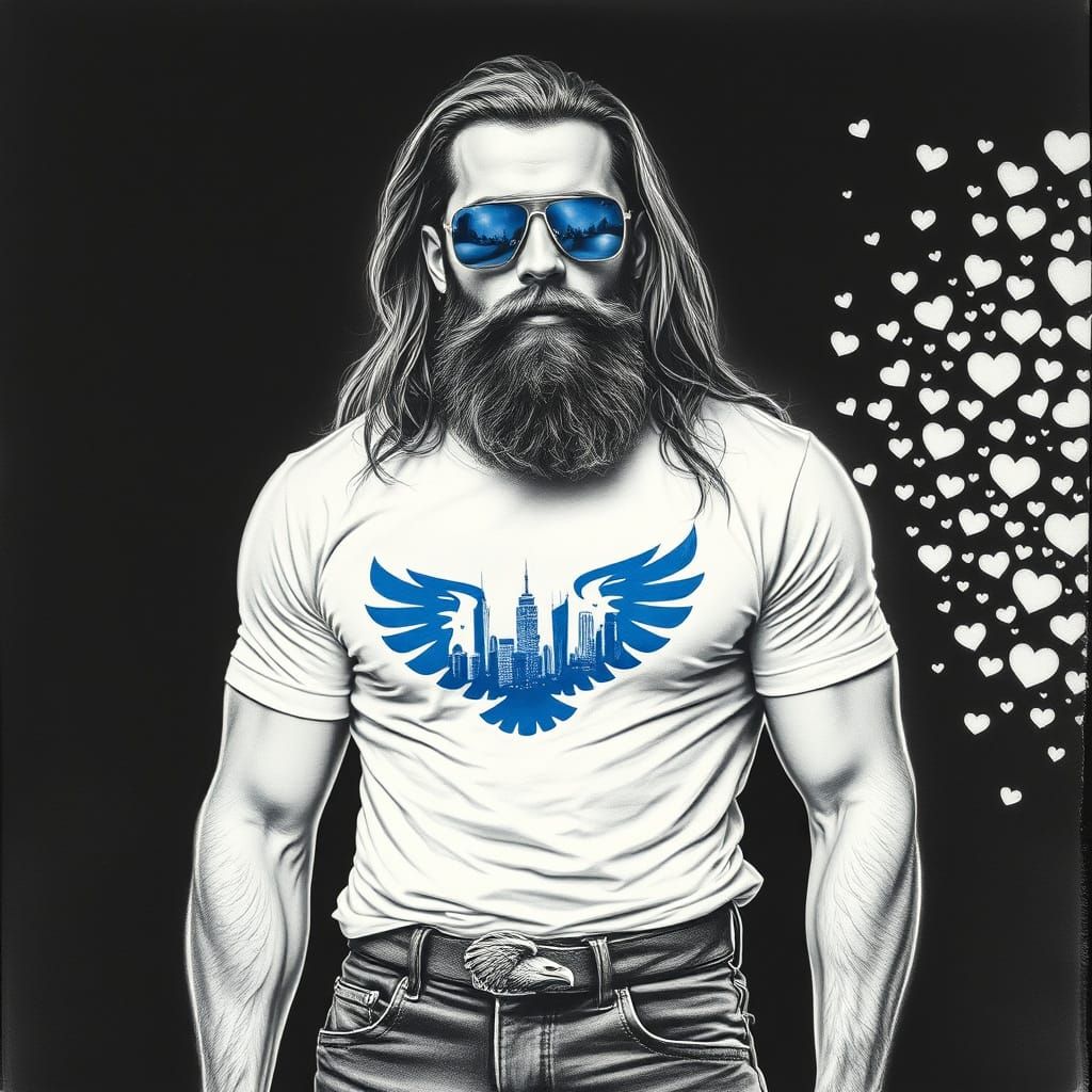 Charcoal Portrait of a Rugged Man with Eagle Logo