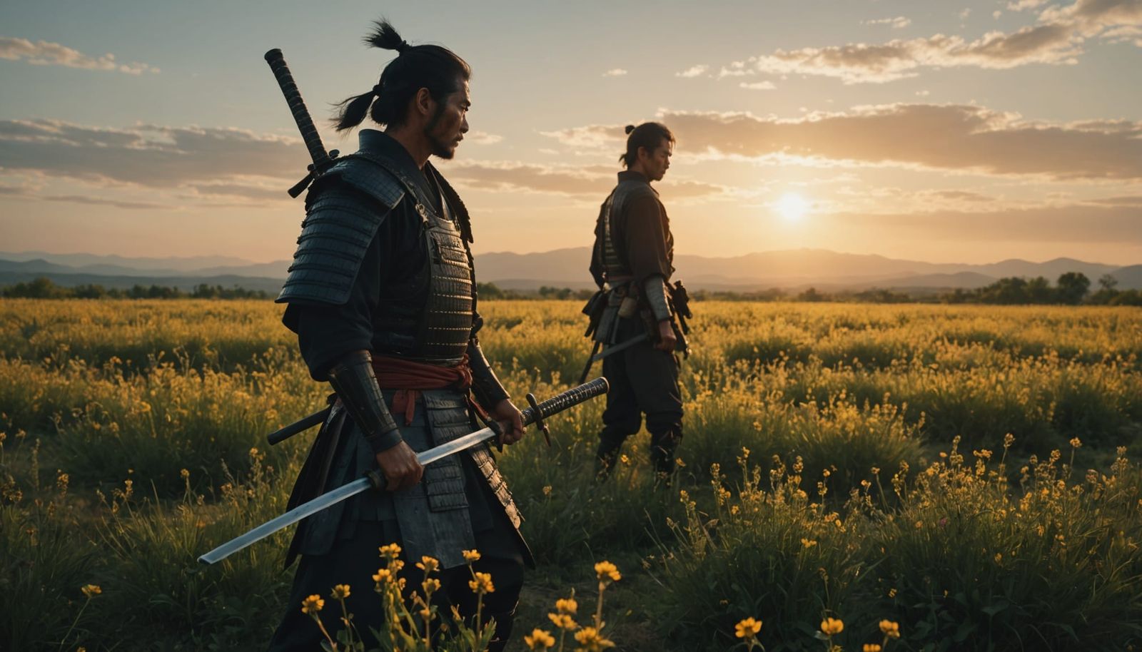 Battle-Hardened Samurai in Field of Wildflowers