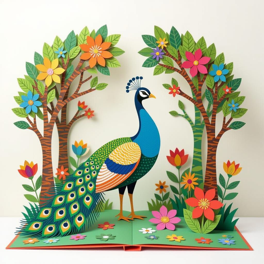 Proud Peacock in Whimsical Pop-Up Book Scene