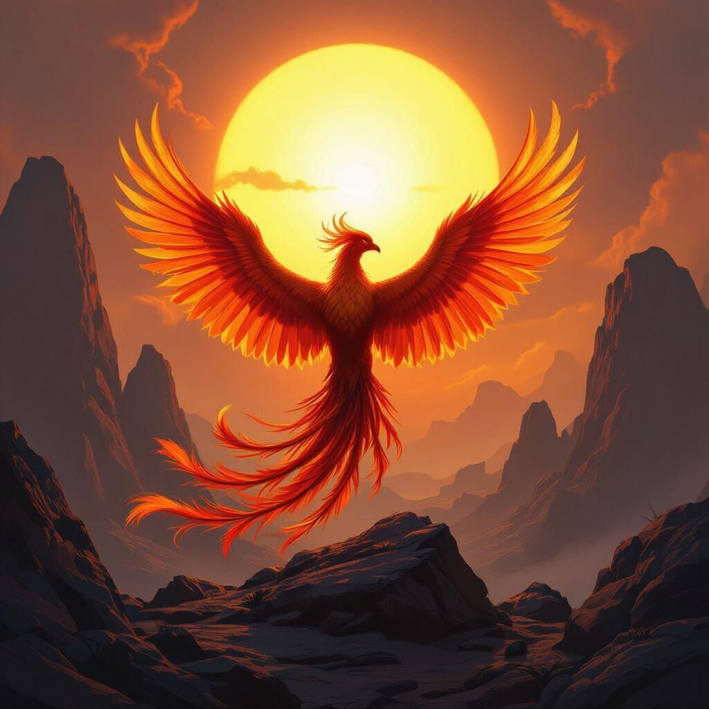 Majestic Phoenix Rises Before Sun Over Ancient Rocks