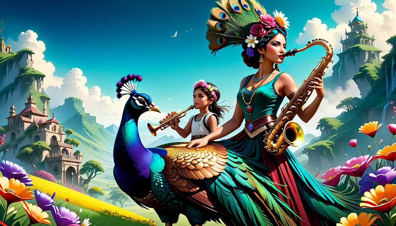 Gypsy Woman Rides Peacock in a Fantasy Landscape