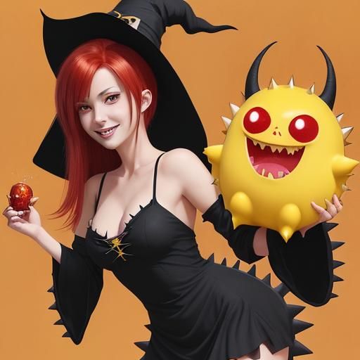 Smiling Witch Conjuring Cute Monster in Anime Style
