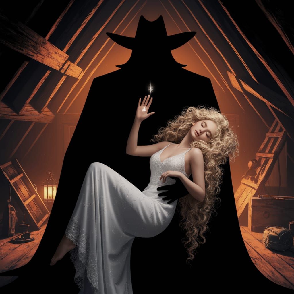 Towering Figure Cradles Sleeping Woman in Dimly Lit Attic