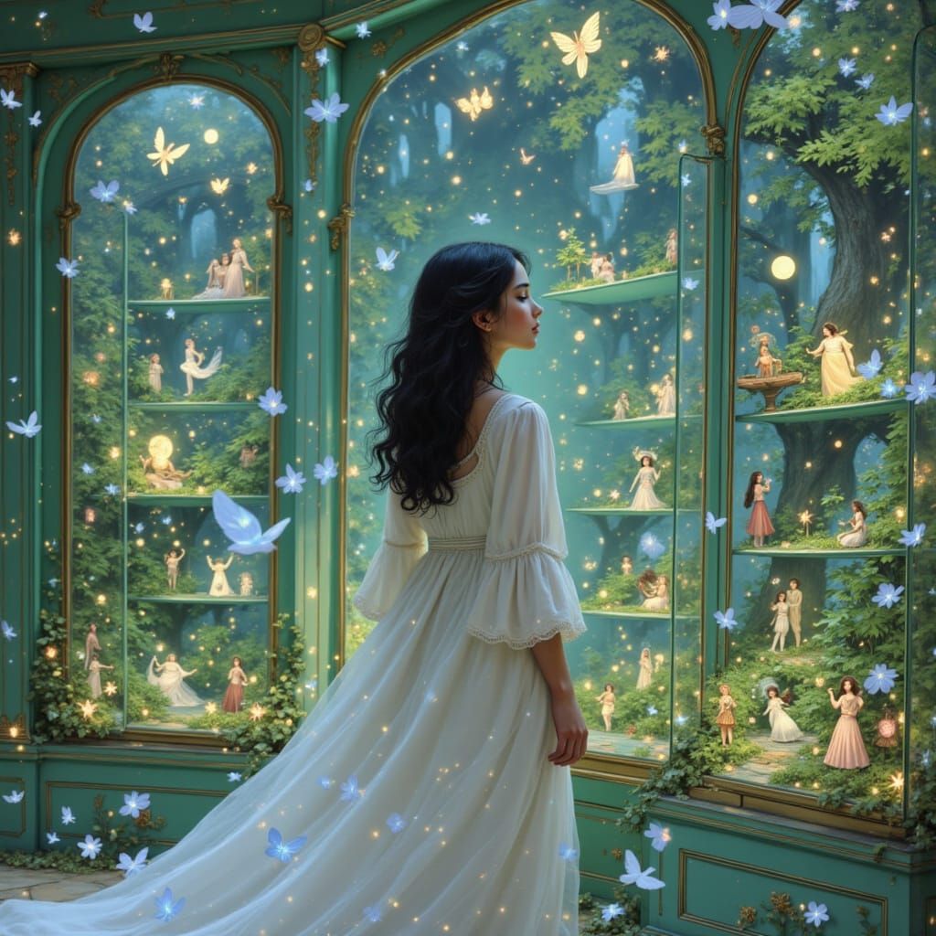 Woman in Silver Gown Examines Miniature Worlds