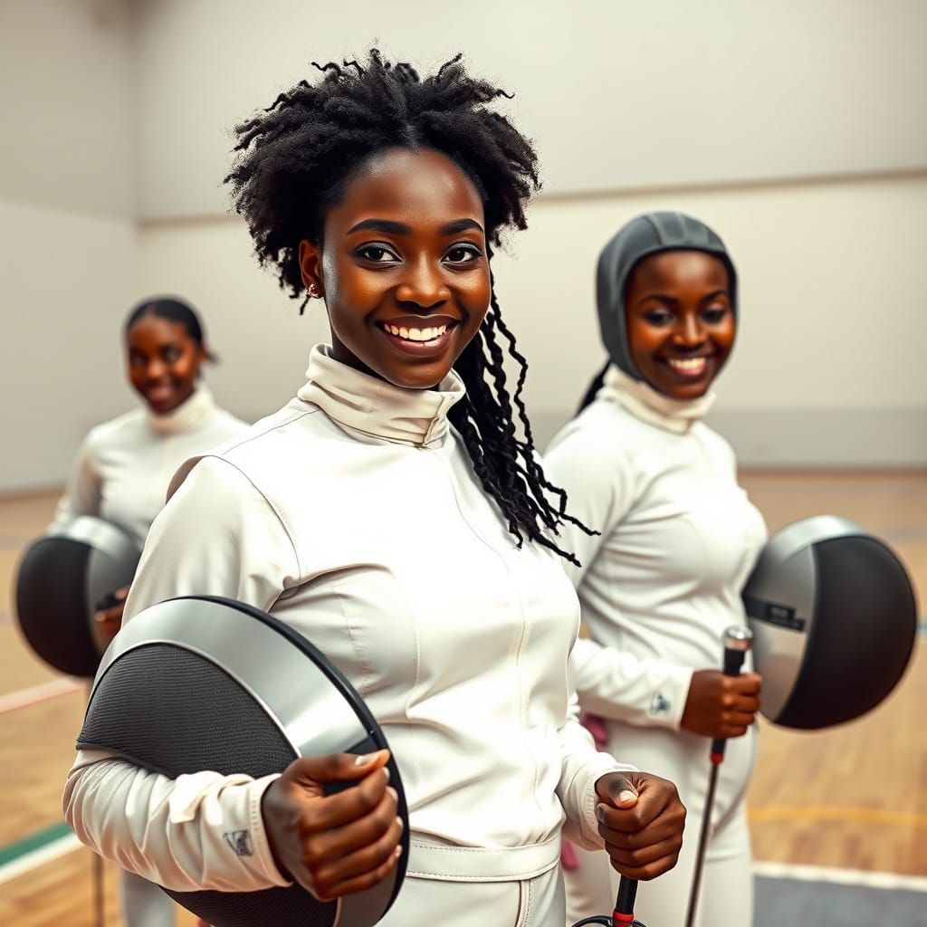 Black Women in Elegant Fencing Attire, Photorealistic Portra...